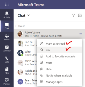 Pin and mark messages as unread in Microsoft Teams